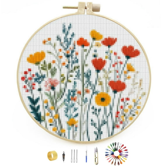 DIY Stamped Cross Stitch Kits Many Colorful Wild Flowers Easy for Beginners with Hoop 11CT Counted Embroidery Needlepoint Crafts Arts for Handmade Enthusiasts and Home Decor 30x30cm(2)