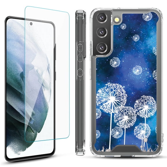 Shockproof Bumper Phone Case for Samsung Galaxy S22  / S22 Plus 5G, with Tempered Glass Screen Protector, by OneToughShield ® - Dandelion Stars