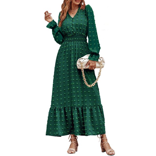 Vestido largo bohemio con lunares, corte en A, vestido escalonado con volantes para mujer, traje diario Kuymtek Verde T L para Mujer
