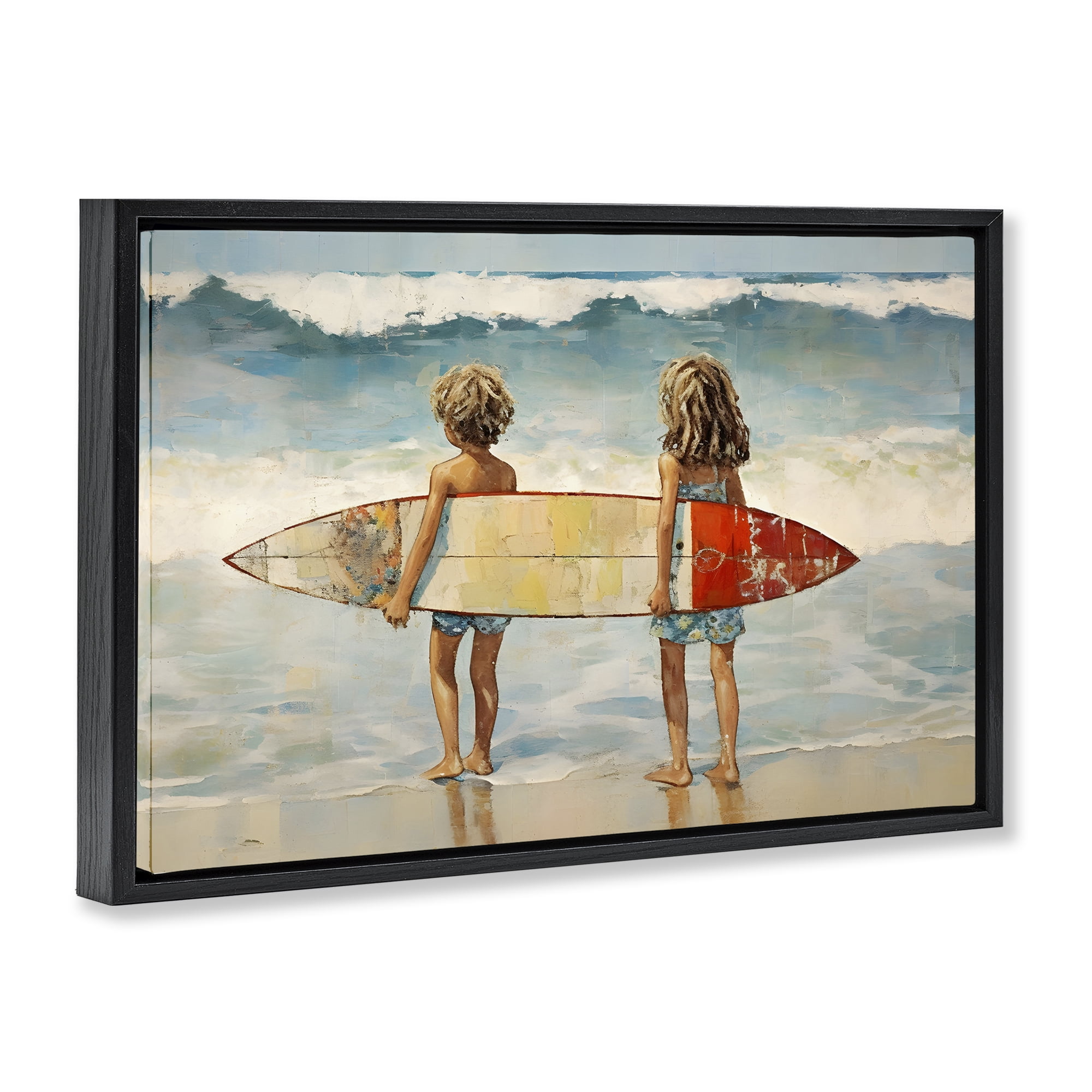 Stupell Industries Kids with Surf Waves People Painting Black Floater Framed Canvas Art Print Wall Art, 25 x 17