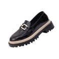 thumbnail image 2 of Women's Platform Loafers Wide Width, Patent Leather Metal Buckle Casual Shoes, British Style Chunky Sole Low Heel Dress Shoes, Black, 2 of 9