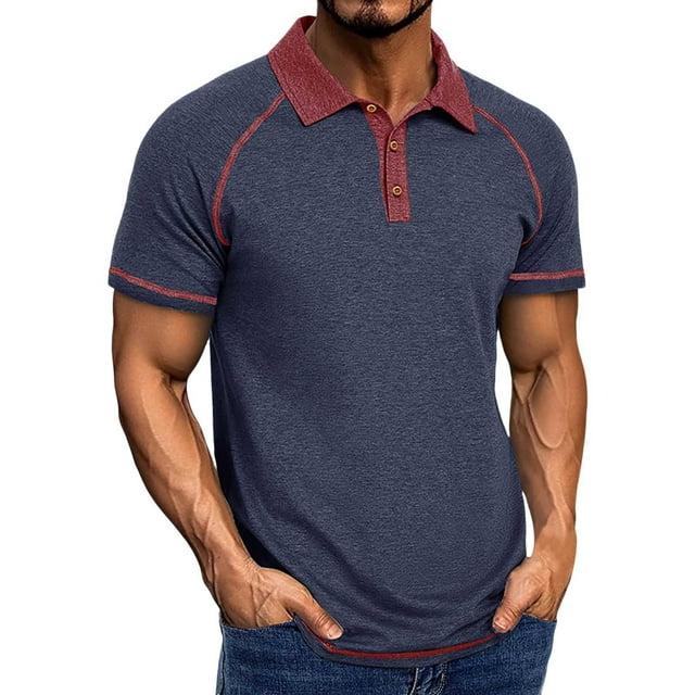 T-Shirt Homme Printemps Manches Courtes Col à Revers Polyvalent Chemises d'Été Hommes Bleu Foncé TG