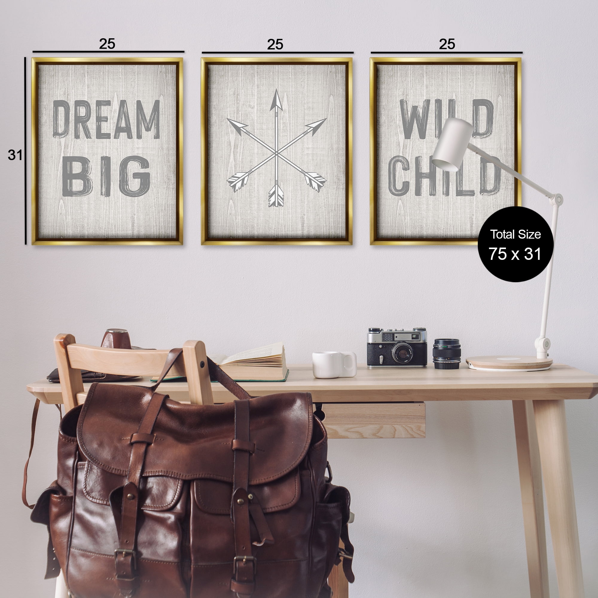 Stupell Industries Dream Big Boho Arrows Text & Numbers Painting Gold Floater Framed Canvas Art Print Wall Art, 25 x 31, Set of 3