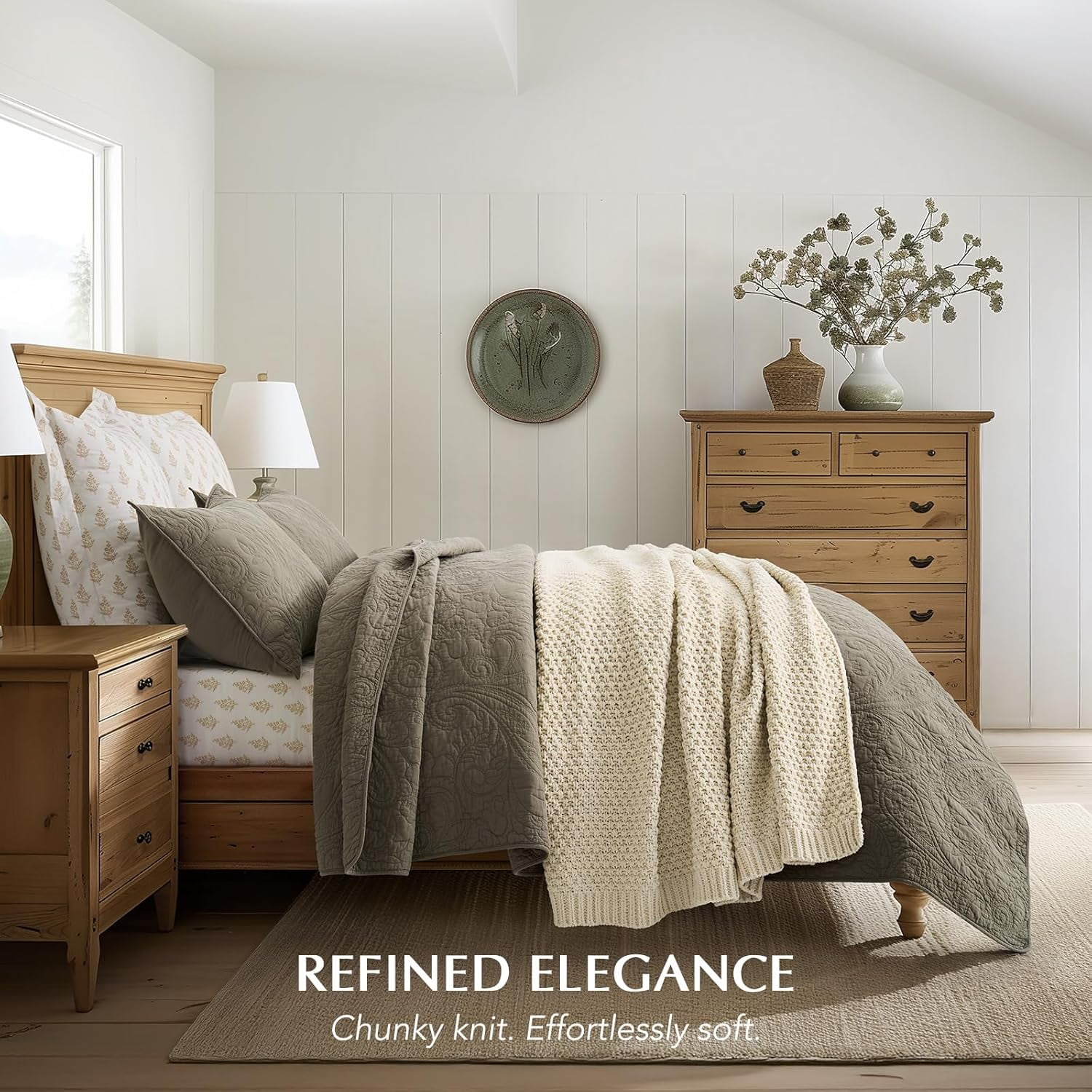 EVERGRACE Chunky Chenille Knit Throw Blanket for Couch, Soft Luxurious Moss Stitch Blankets for Bed, Cozy Decorative Farmhouse Knitted Throws for Sofa, Beige, 50" x 60"
