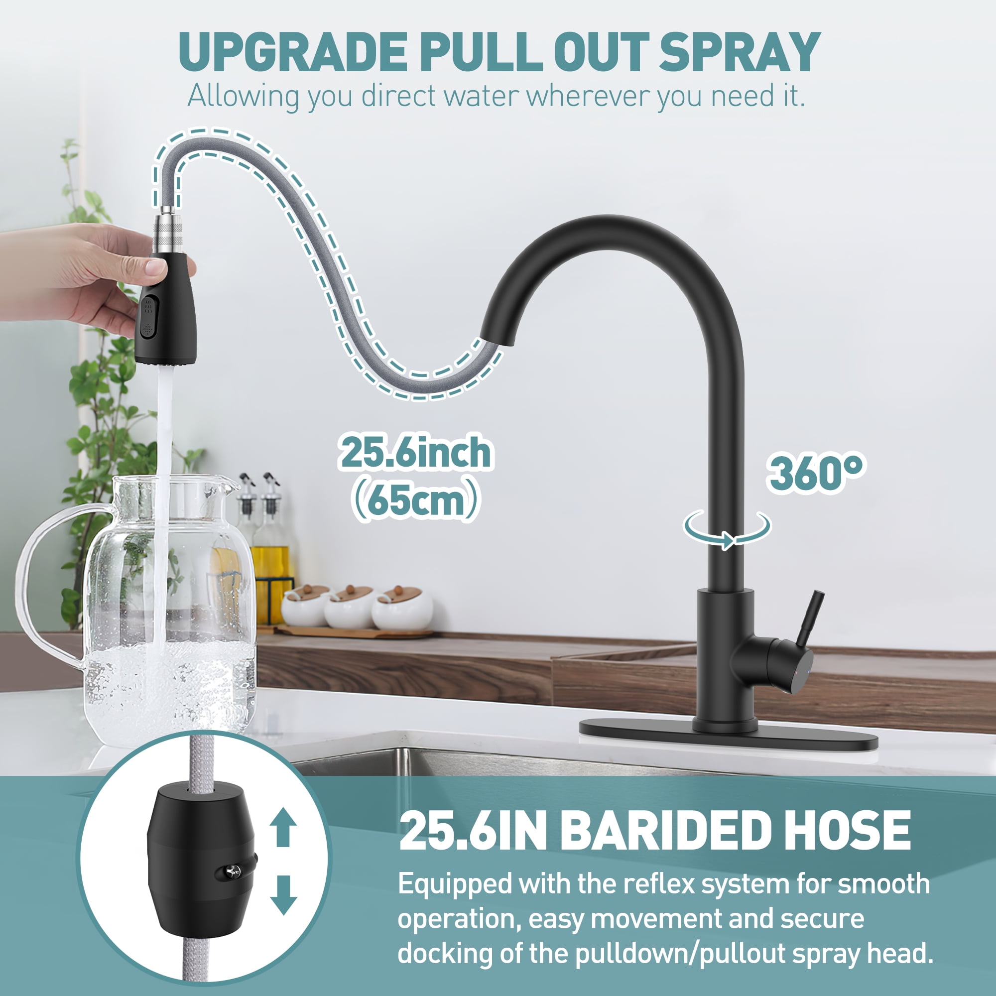 GPED Kitchen Faucet with Soap Dispenser, Kitchen Sink Faucet with Pull Down Sprayer & Deck Plate, 3 Modes & SUS304 Stainless Steel,High Arc Single Handle Kitchen Faucet w/ Water Lines,Matte Black