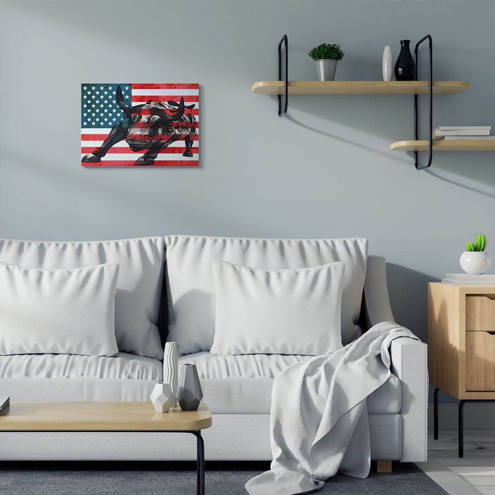 Stupell Industries American Flag USA Rustic Bull Design Canvas Wall Art by Daniel Sproul
