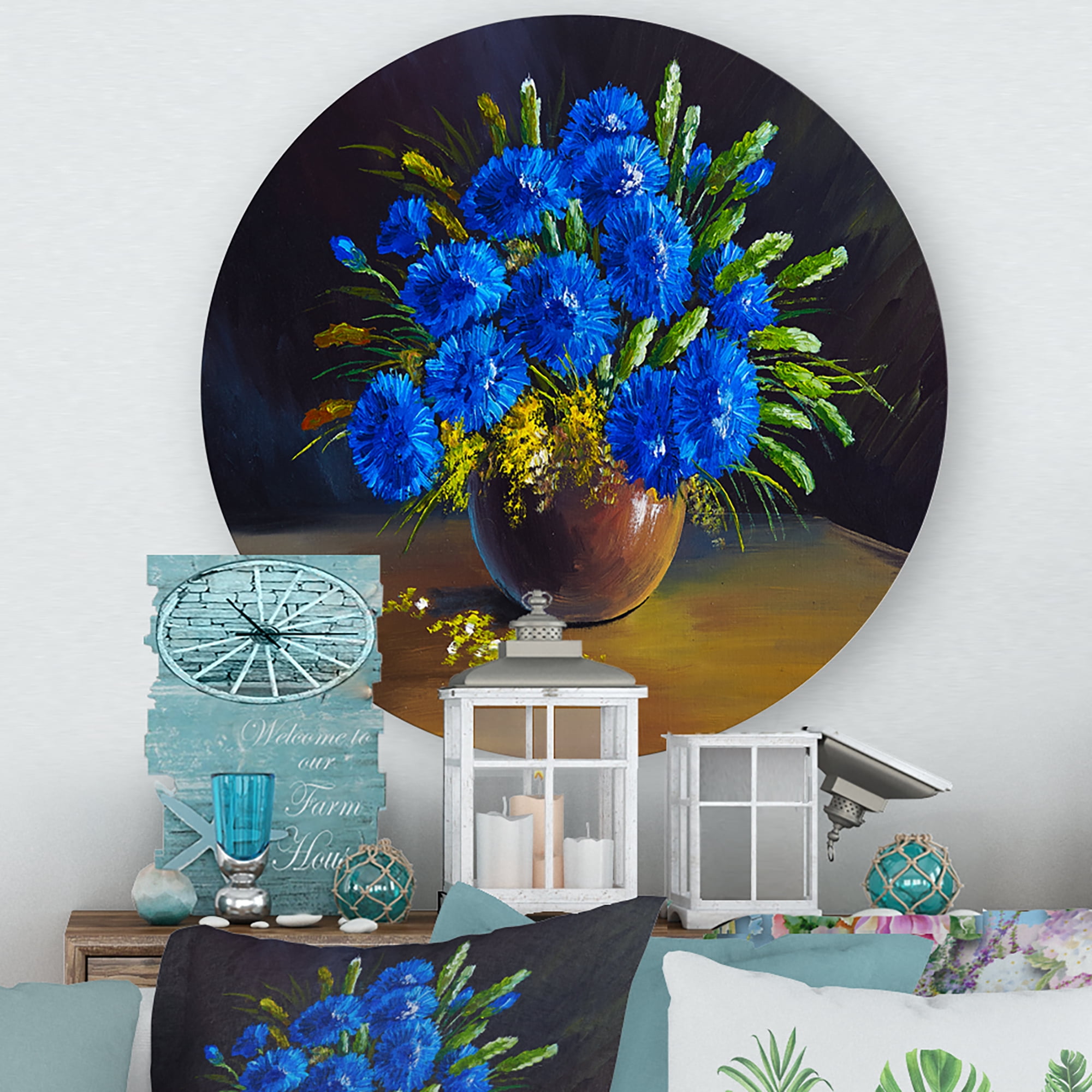 Designart 'Still Life A Bouquet Of Blue Wildflowers In Vase' Traditional Circle Metal Wall Art 11x11 - Disc of 11