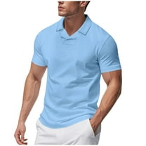RYRJJ Mens Waffle Knit Polo Shirts Collared V Neck Short Sleeve Stretch T Shirt Summer Casual Golf Shirts(Light Blue,S)