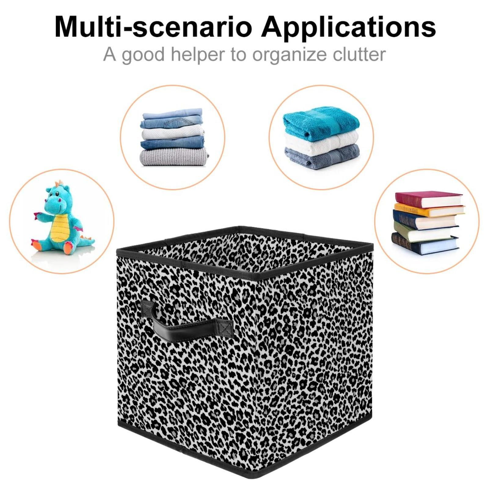 RATGDN Collapsible Fabric Cube Storage Bin with Double Handles for Living Room Bedroom Office Black - Black Leopard Print Elegant