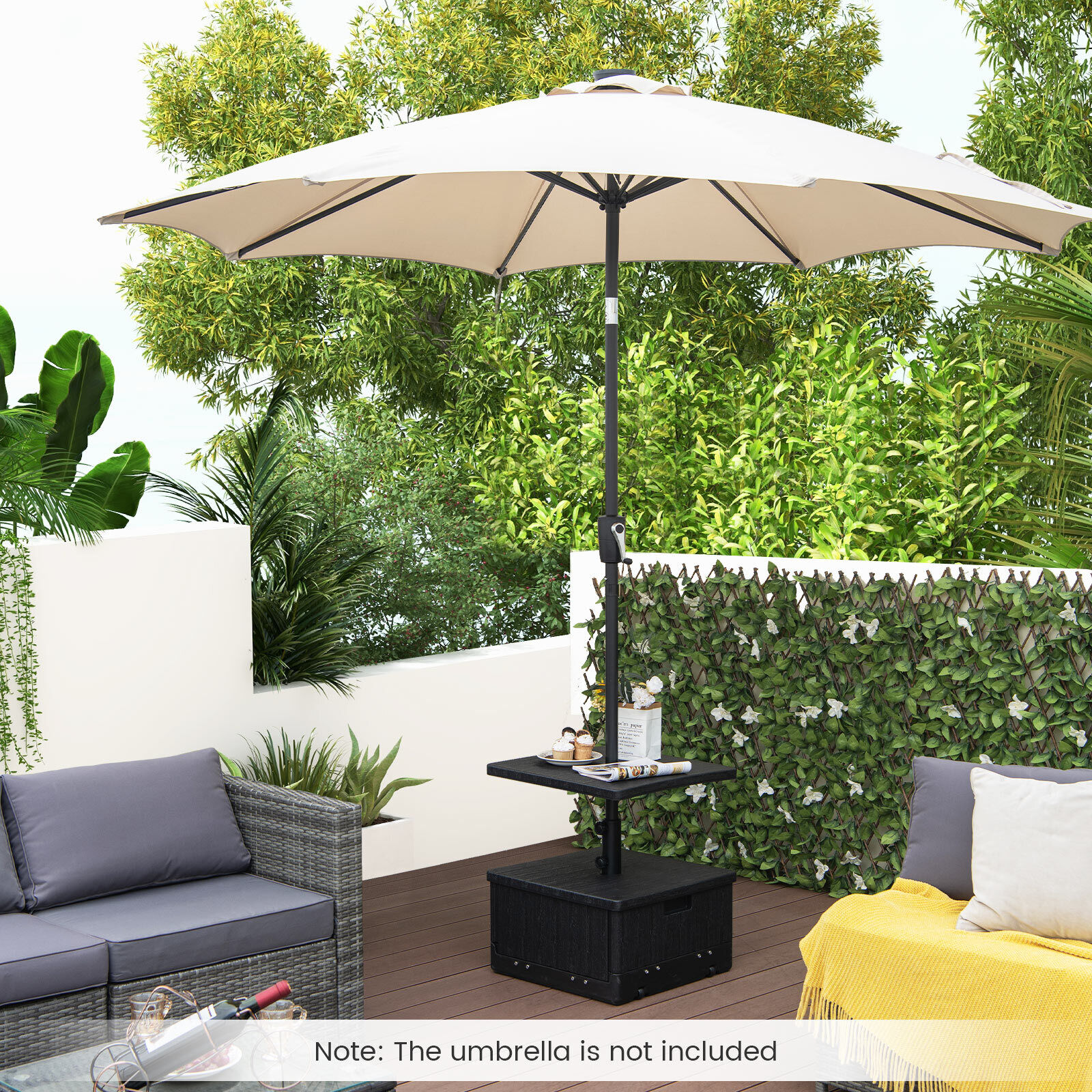 Amijoy 175 LBS Outdoor Fillable Umbrella Base w/ Table Tray, Weighted Bag, Wheel, Handle, 3-in-1 Coffee End Table Planter Box Umbrella Stand