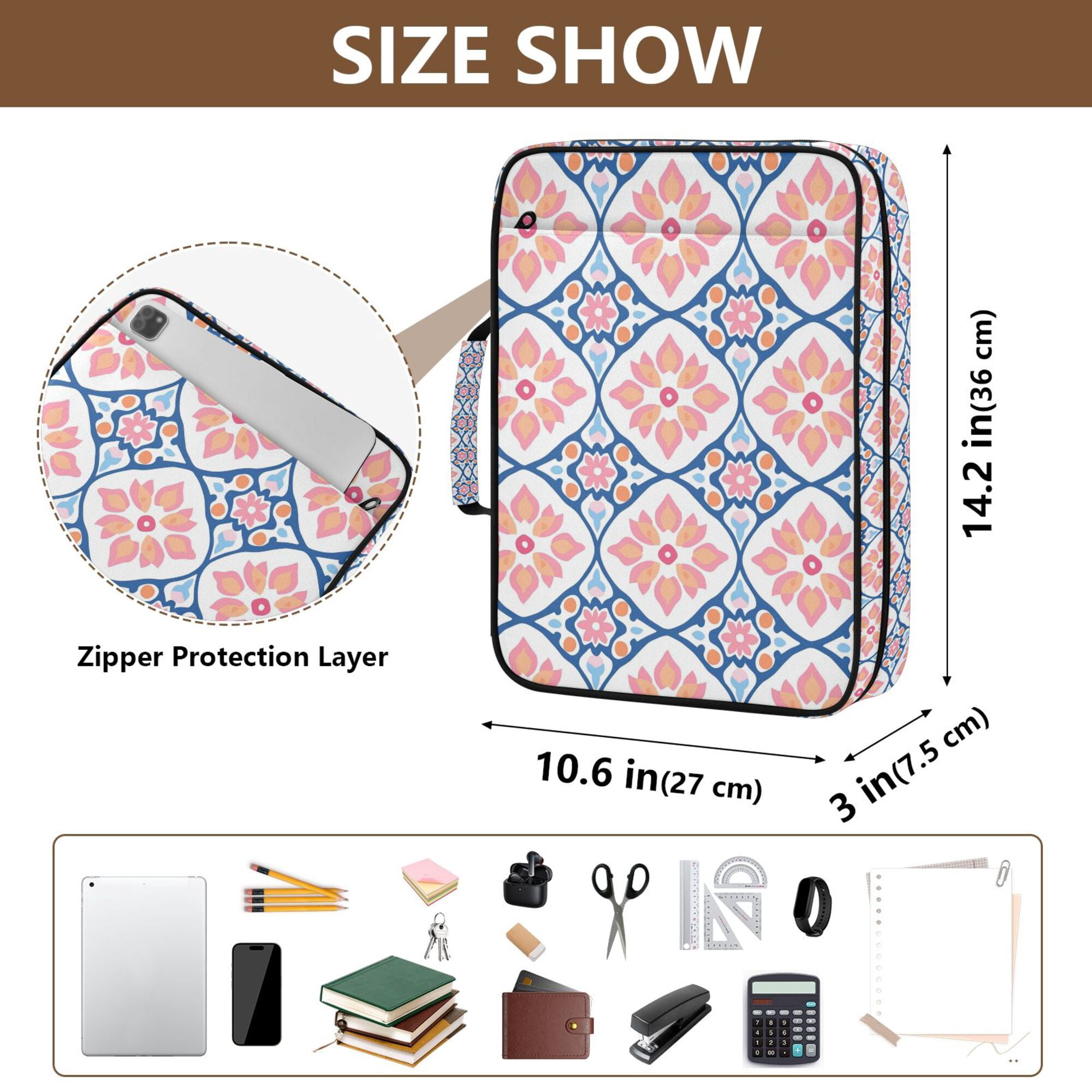 FORMRS Accordion File Folder A4 Size 7-Pocket Expanding Document Organizer Bag with 3 Ring Binder, Mosaic Flowers Pattern