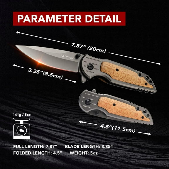 DASAW-Stainless Steel Pocket Folding Knife with Wooden Handle - Safety Liner Lock, Pocket Belt Clip Knife - Portable Tactical Utility Knives for Men Great for EDC, Camping, Fishing, Outdoor & More