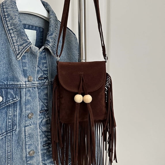 HAIJIE Women Fashion Small Purse Fringe Designer Cell Phone Bag Tassel Crossbody Bags Shoulder Handbag with Tassel beads (Style C-Coffee,One Size)