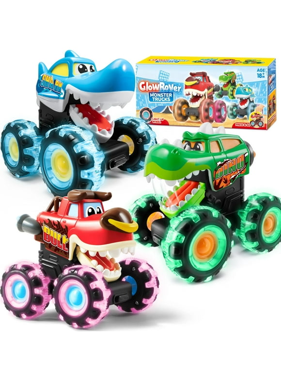 Syncfun 3 Pack Monster Truck Toy, Motion Activated Light-Up Cars for Kids Toddlers, Monster Treads Lightning Wheels, Press & Go Car Toy for Boys Girls