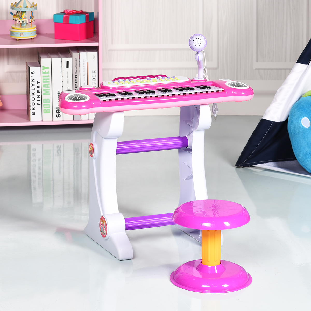 Gymax Kids Electronic Keyboard Piano MP3 Input 37 Key Microphone Stool Toy
