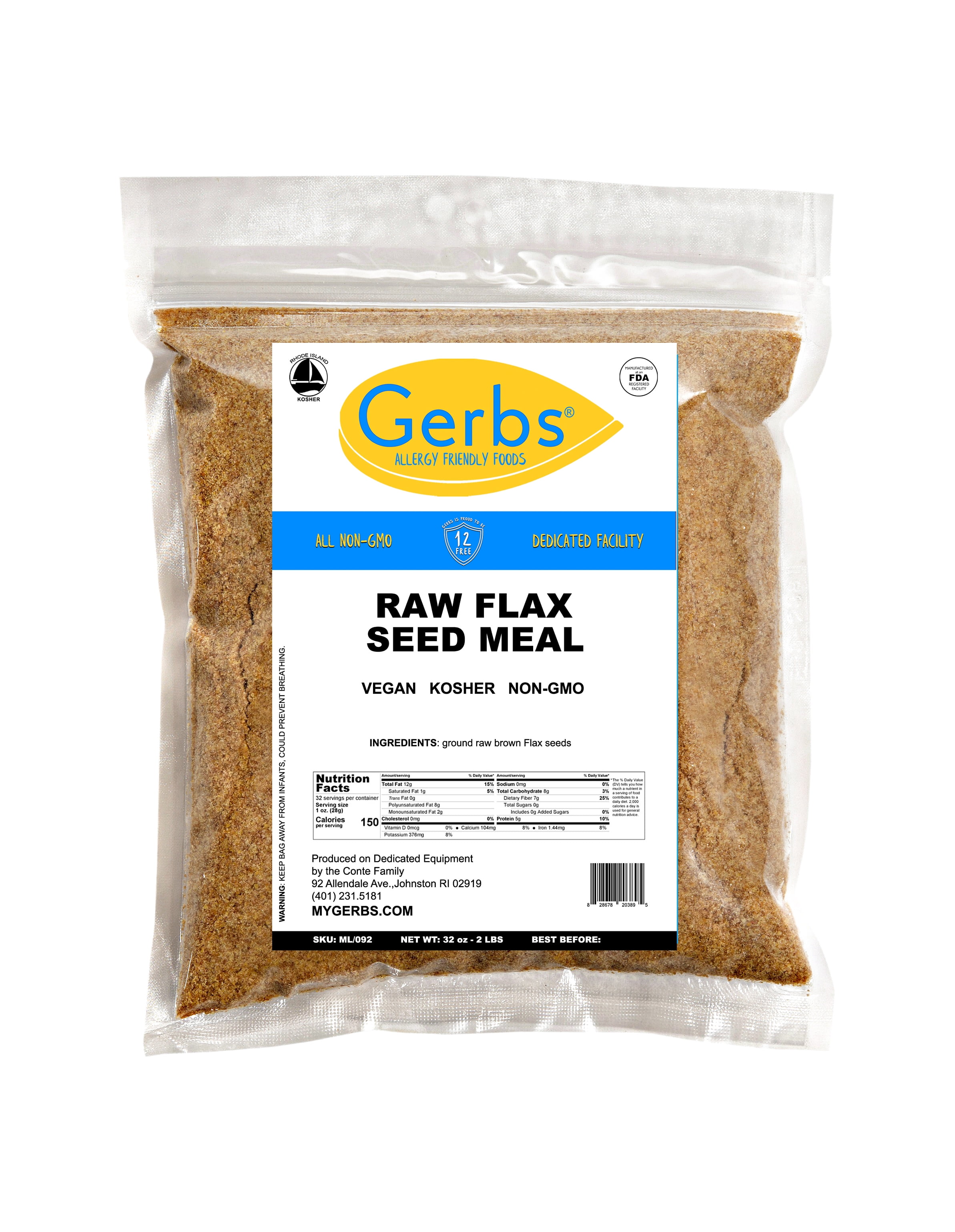 Ground Raw Flax Seed Meal By Gerbs - 2 LBS - Top 14 Food Allergen Free & NON GMO - Vegan & Kosher - Full Oil Content