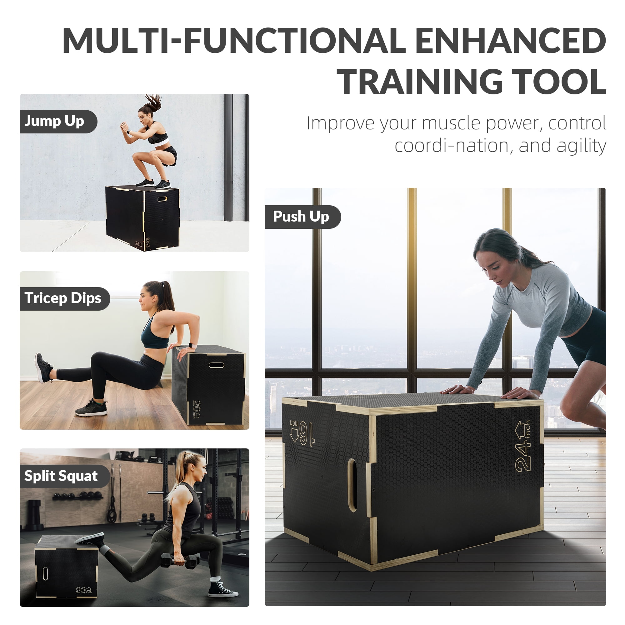 Signature Fitness 3-in-1 Wooden Plyometric Jump Box, Adjustable Heights, Non-Slip Surface, for Home Gym and Plyometric Training