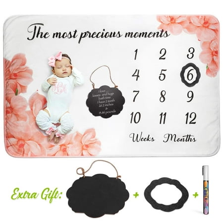 AMIS BG Baby Monthly Milestone Blanket Girl Photo Prop Newborn - Fleece Large 60x40 Milestone Chalkboard Sign, Marker and Frame Included, Photography Background Baby Shower (Best Time For Newborn Photos)