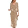 thumbnail image 1 of xiaxaixu Robe Moulante Midi en Velours pour Femme, Couleur Unie, Col en V, à Nouer, Manches Longues, Robe de Soirée Printemps Automne, 1 of 5