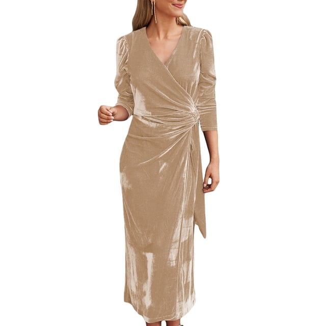 xiaxaixu Robe Moulante Midi en Velours pour Femme, Couleur Unie, Col en V, à Nouer, Manches Longues, Robe de Soirée Printemps Automne