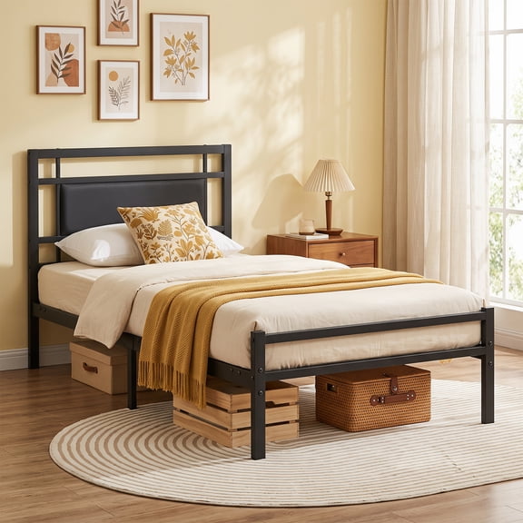 Gymax Twin Size Metal Bed Frame w/Upholstered Headboard Footboard Under-bed Storage Black