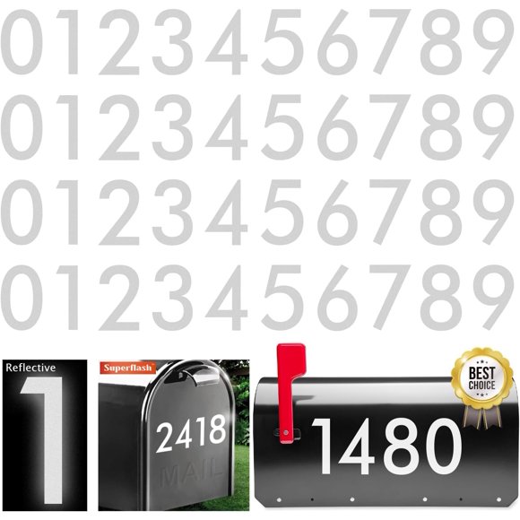 shiyou-4 inch Reflective Mailbox Numbers for Outside Sticker, Modern Mailbox Number (0-9, 4 Sets) Premium Decal Die Cut and Pre-Spaced - for House, Trash Cans - Self Adhesive Numbers