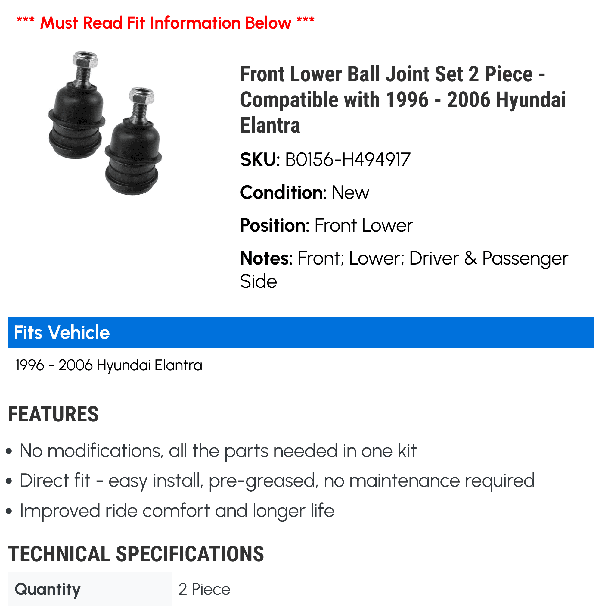Front Lower Ball Joint Set 2 Piece - Compatible with 1996 - 2006 Hyundai Elantra 1997 1998 1999 2000 2001 2002 2003 2004 2005