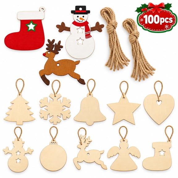 Christmas Wooden Ornaments Christmas Craft Unfinished DIY Wood Hanging Decorations Christmas Tree Decoration 100 Pcs