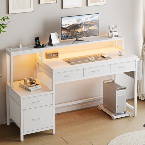 GUNAITO 60 Inch Gaming Desk with 5 Fabric Drawers and Storage Shelves, Computer Desk with LED Lights and Charging Station, White Carbon Fiber