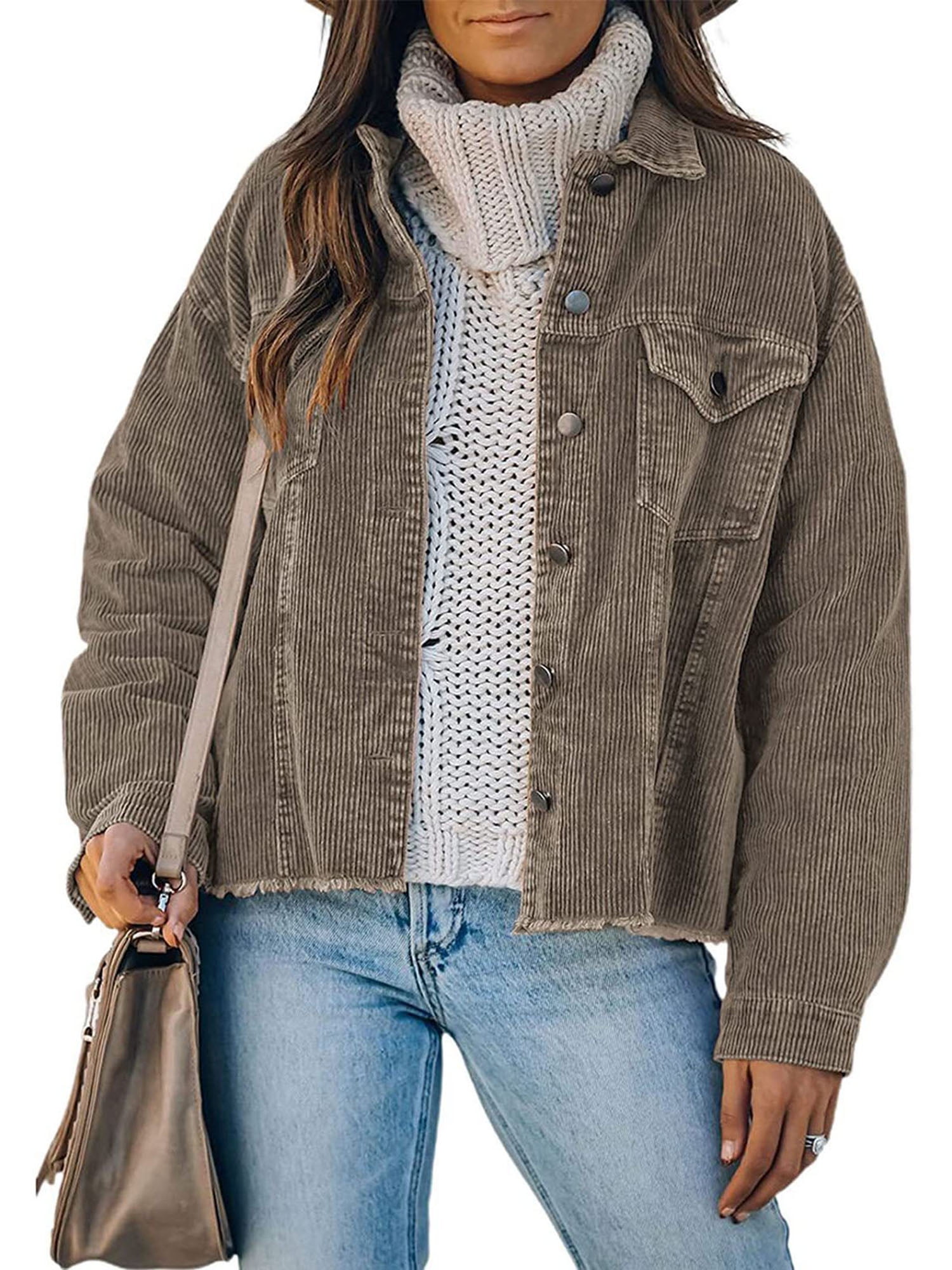 Womens Casual Cropped Corduroy Jackets Button Down Long Sleeve Frayed