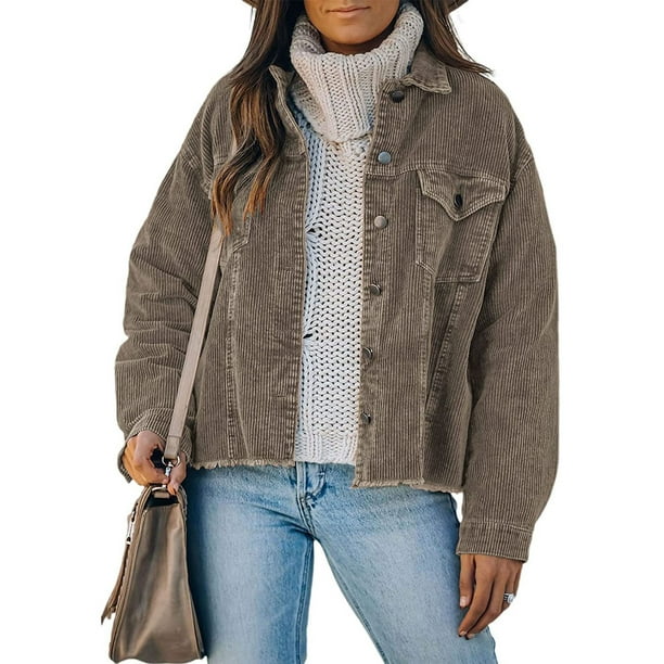 Womens Casual Cropped Corduroy Jackets Button Down Long Sleeve Frayed