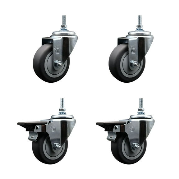 3.5 Inch Thermoplastic Rubber 12MM Threaded Stem Caster Set 2 Brakes SCC