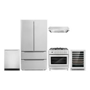 Cosmo 5 Piece Kitchen Appliance Packages with 36" 220/240V Dual Fuel Range 36" Under Cabinet Range Hood 24" Built-in Fully Integrated Dishwasher French Door Refrigerator & 48 Bottle Wine Refrigerator