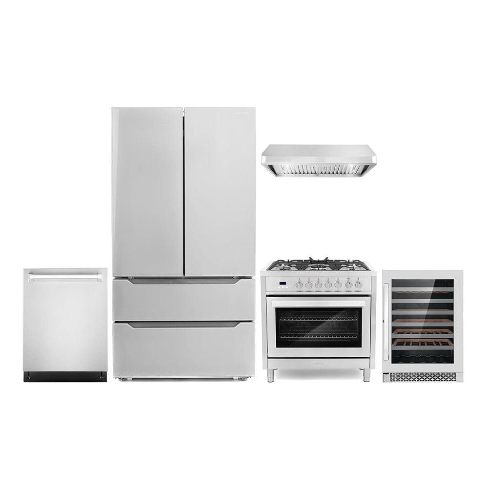 Cosmo 5 Piece Kitchen Appliance Packages with 36" 220/240V Dual Fuel Range 36" Under Cabinet Range Hood 24" Built-in Fully Integrated Dishwasher French Door Refrigerator & 48 Bottle Wine Refrigerator