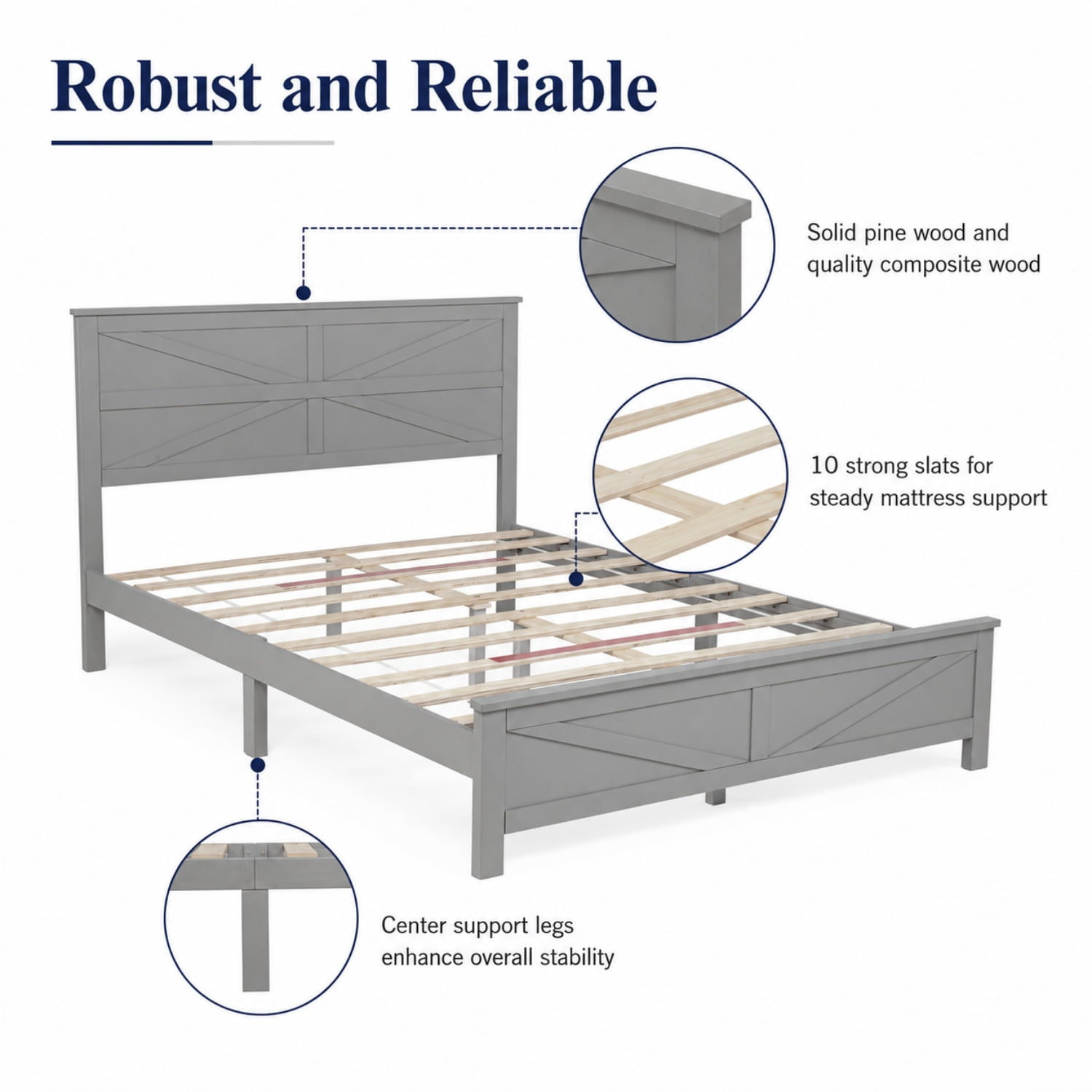 Miniyam Queen Bed with Barn Door Headboard and Footboard, Farmhouse Wood Platform Bed Frame, Gray