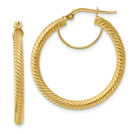 Primal Gold 14 Karat Yellow Gold 3x25mm Twisted Round Hoop Earrings