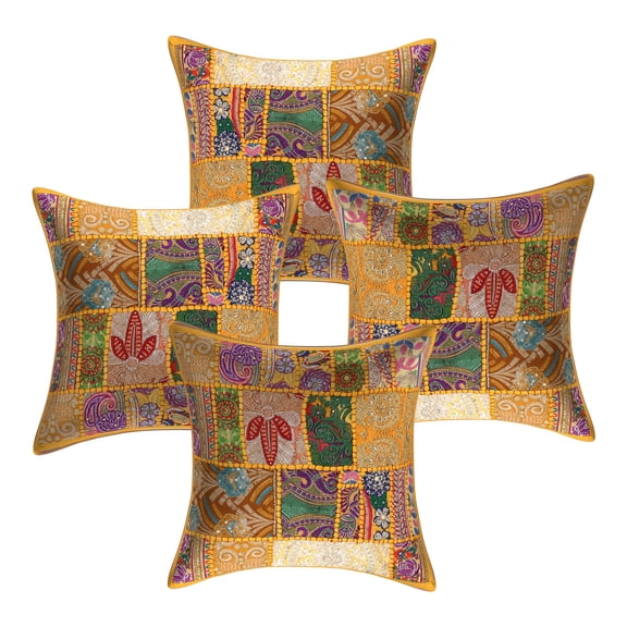 Stylo Culture Indian Cotton Home Decor Throw Pillow Sham Covers Mango Yellow 16 x 16 Bohemian Vintage Patchwork Indian Couch Cushion Covers 40x40 cm Living Room Floral Square Pillowcases | Set Of 4