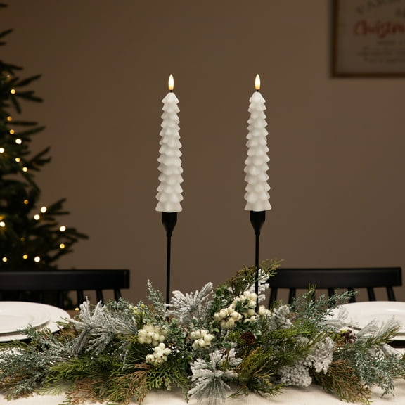 LED Flickering Flameless Wax Tapered Christmas Tree Candles - 9.75" - White - Set of 2