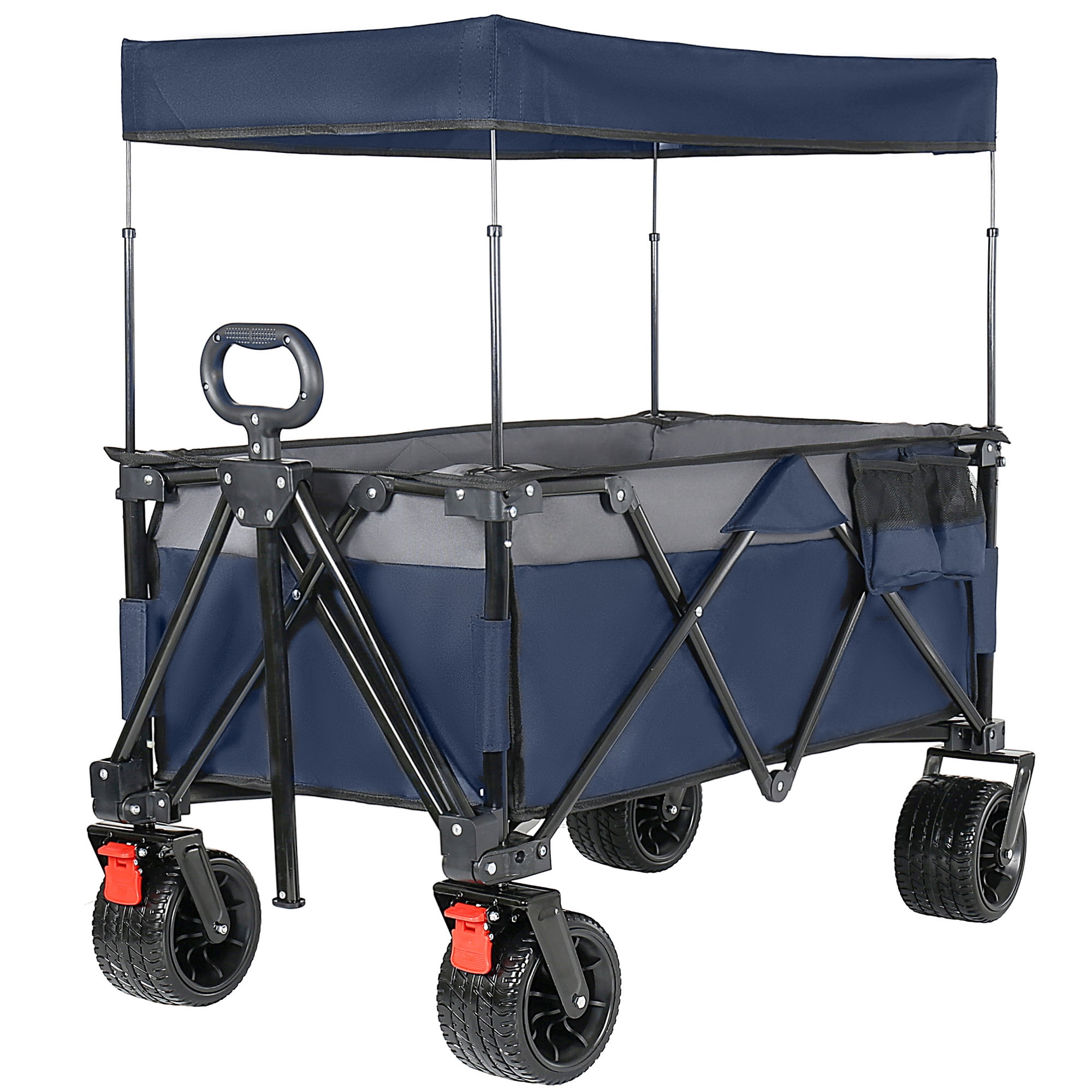 Foldable Utility Wagon with Removable Awning Canopy, 120L Large Capacity 480 LBS Heavy Duty Beach Cart, 7 Inch All-Terrain Brake Wheels Adjustable Handle for Camping Shopping Outdoor Activities