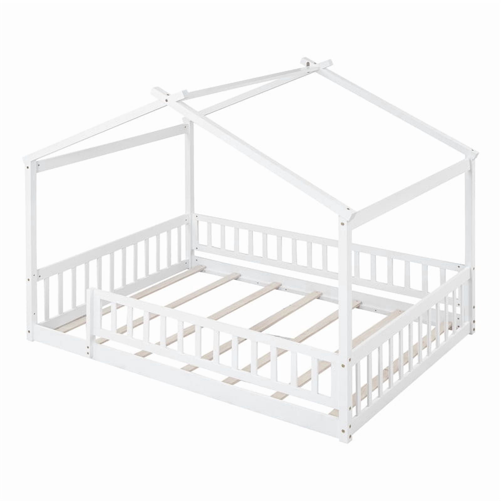 Full Size Wood House Bed with Fence and Roof Frame, Kids Floor Montessori Bed with Safety Guardrails, Sturdy Pinewood Playhouse Bed for Boys Girls