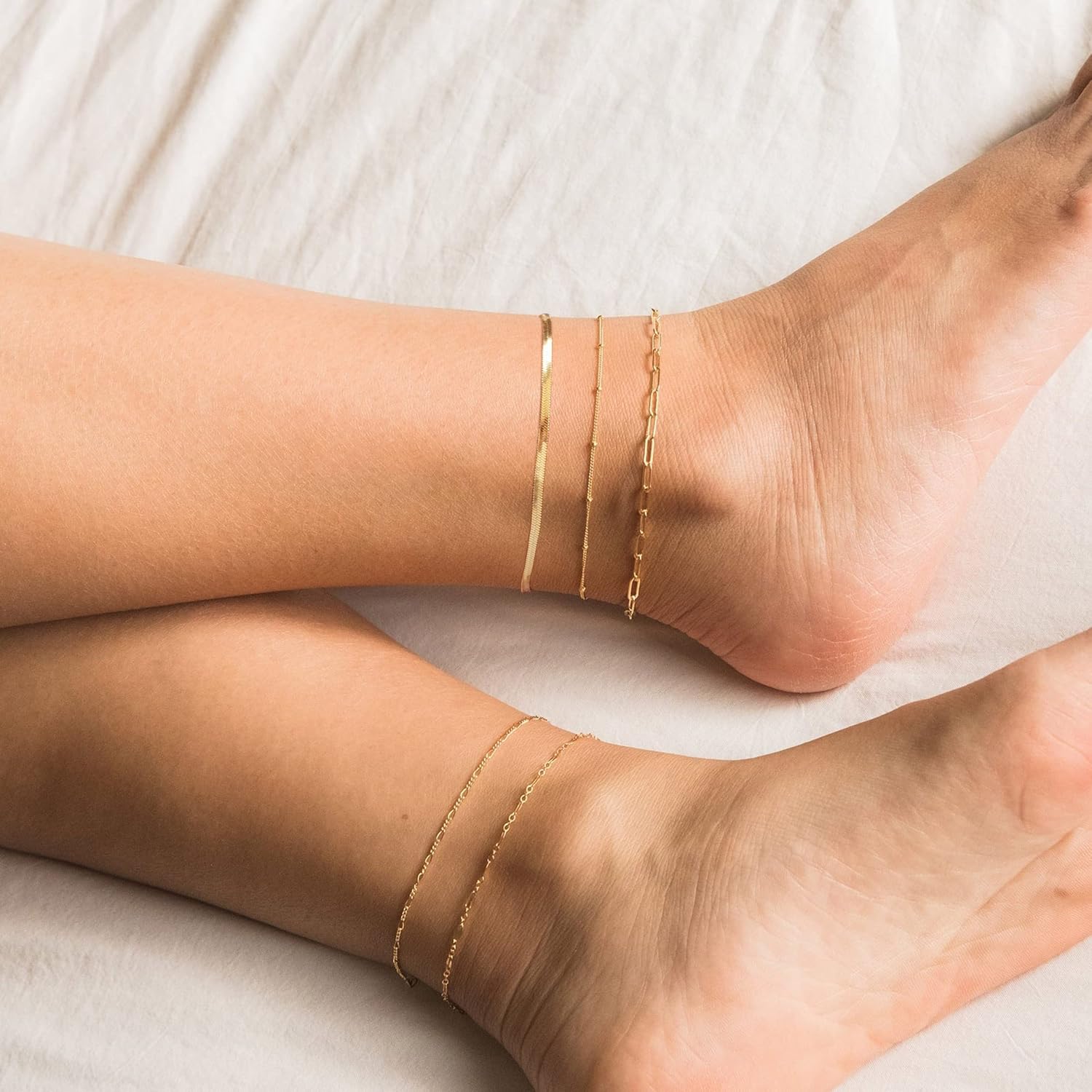Gold Ankle Bracelets for Women Waterproof - Dainty 6Pcs 14K Gold Plated Anklets Layered Cuban Link Chain Herringbone Cute Anklets Set Pack Summer Beach Jewelry Gift for Women Teen