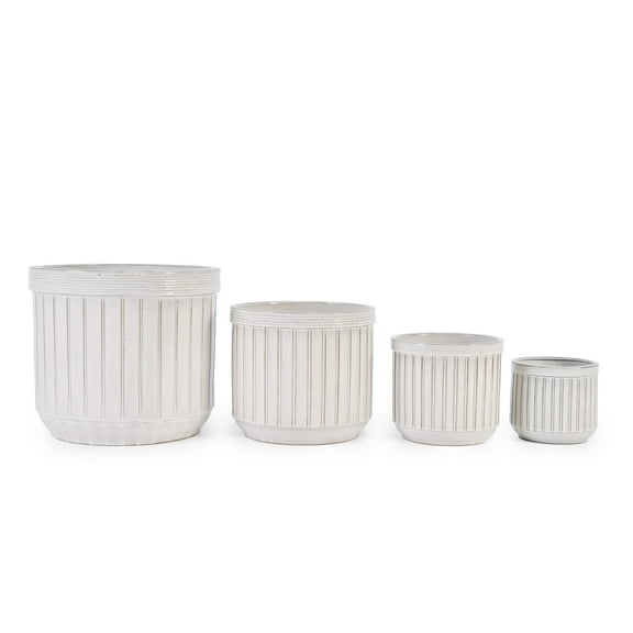 4-Piece Ceramic Flower Pots Set with Drainage Holes - Modern Cream Planters for Patio, Garden & Windowsill – Weather Resistant Outdoor/Indoor Use