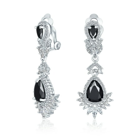 Bling Jewelry Womens Bridal Black Onyx CZ Chandelier Clip-On Earrings Vintage