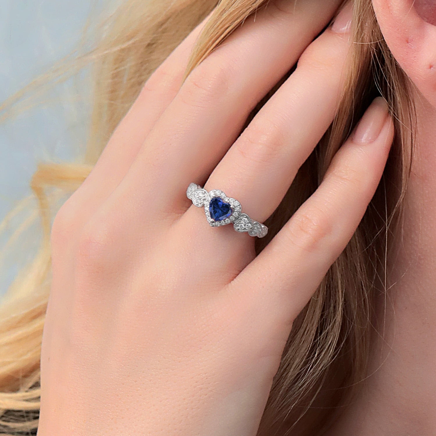 Gem Stone King 925 Sterling Silver Blue Created Sapphire Engagement Ring for Women (1.23 Cttw, Heart Shape 6MM, Available in Size 5, 6, 7, 8, 9)