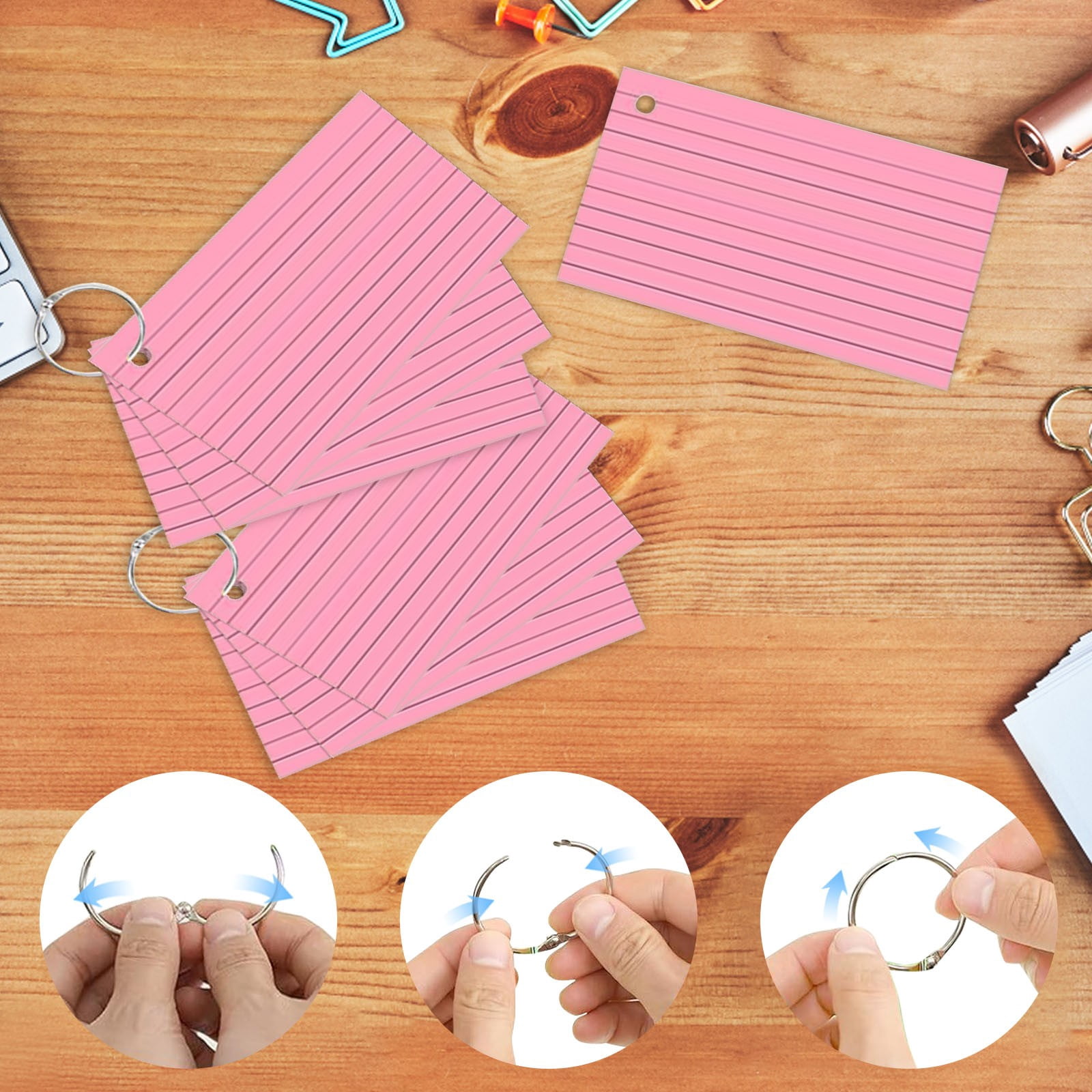 Index Cards 3x5 Inch with Key Ring, Color Flash Index Card 100 Sheets Each, Durable Portable Note Taking for Students Teachers Study Note Cards for Office Home Office 5 Pcs