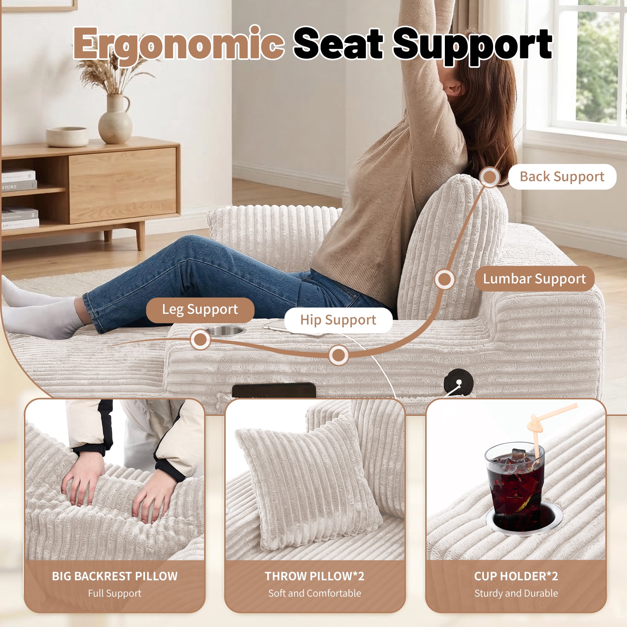 66 Inch Chaise Lounge Chair for Indoor Use, Oversized Corduroy Upholstered Boneless Sofa Bed, Deep Seat Sleeper Couch, No Assembly Required，800lb Support white