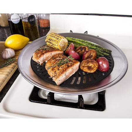 KITCHEN + HOME STOVE TOP SMOKELESS GRILL INDOOR BBQ, STAINLESS STEEL WITH DOUBLE COATED NON STICK SURFACE (Best Indoor Grill Stove Top)