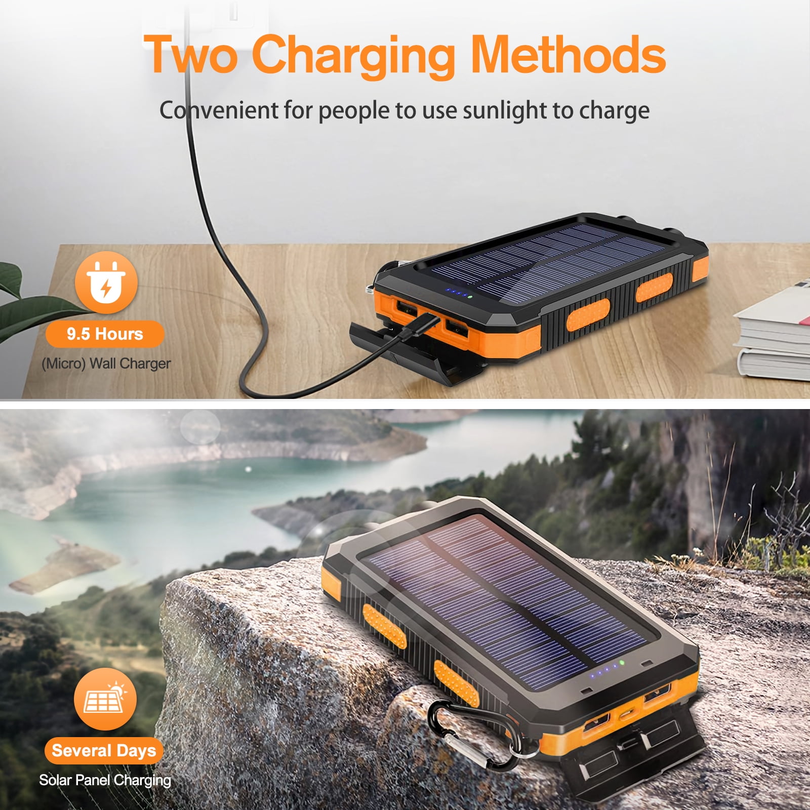BAOKALER 30000mAh Solar Charger for Cell Phone iPhone, Portable Solar Power Bank with Dual 5V USB Ports, 2 Led Light Flashlight, Compass Battery Pack for Outdoor Camping Hiking(Orange)