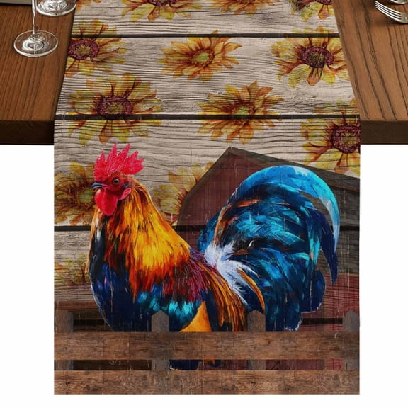 Farmhouse Rooster Burlap Cotton Table Runner 16x72 Inches Long, Vintage Farm Chicken Sunflower Wooden Farmhouse Table Runners, Outdoor Dining Tablecloths Decor for Baby Shower/Party/Wedding