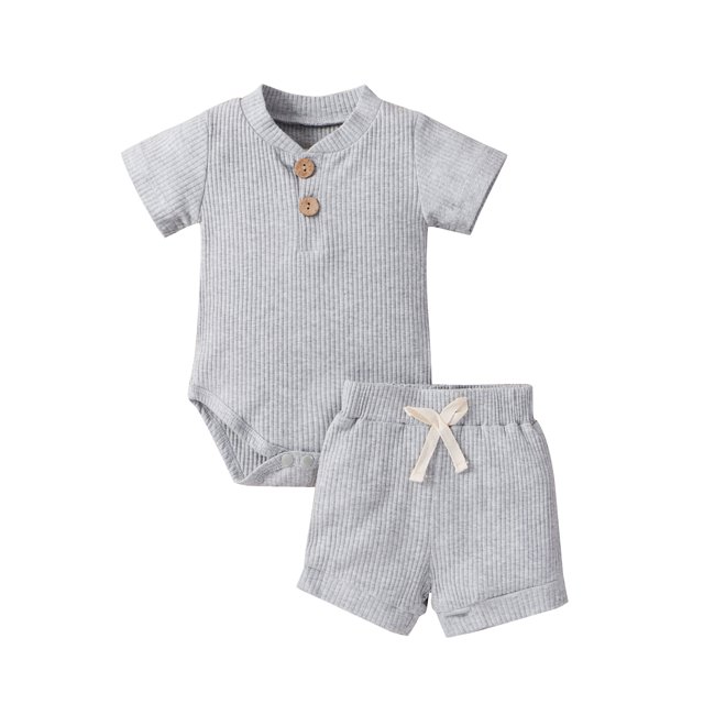 Diconna 2Pcs Unisex Baby Summer Outfits, Ribbed Romper + Elastic Waist Shorts